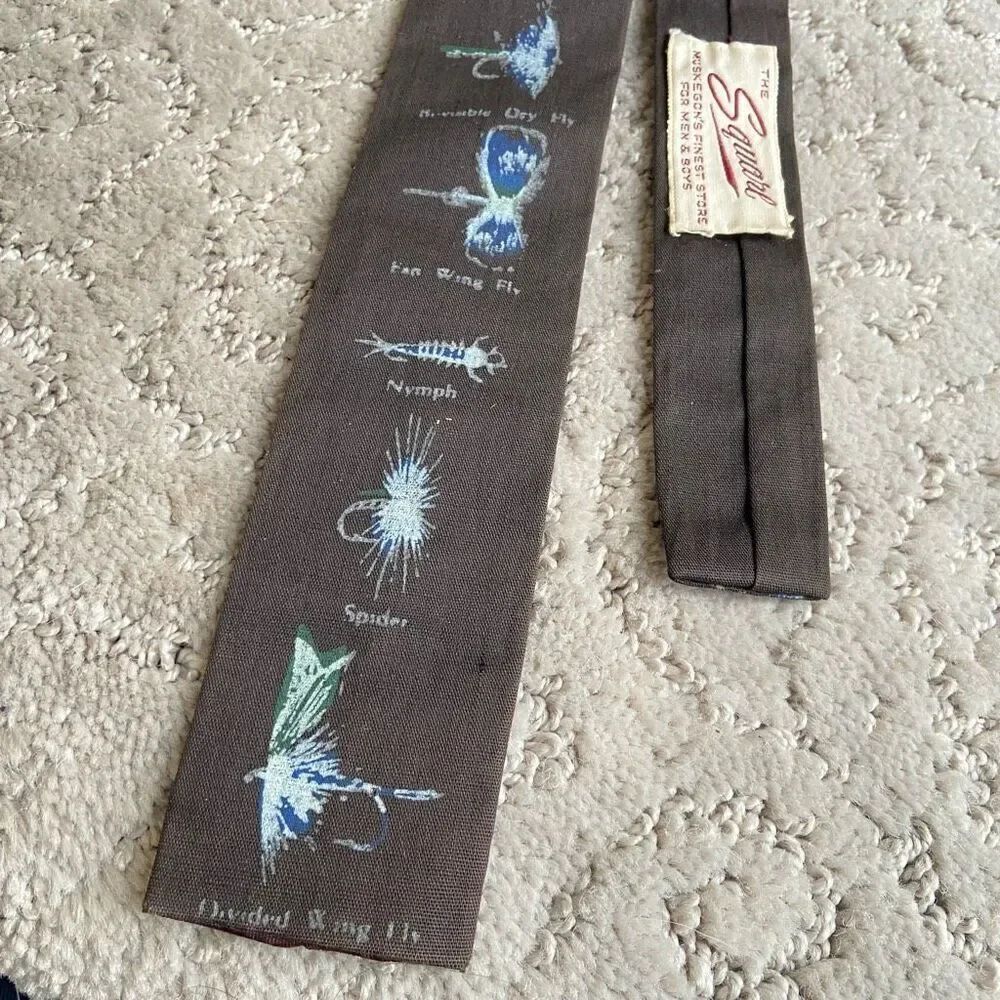 Rooster Collectable Vintage Handprinted Skinny Square Fly Fishing Tie Father's D